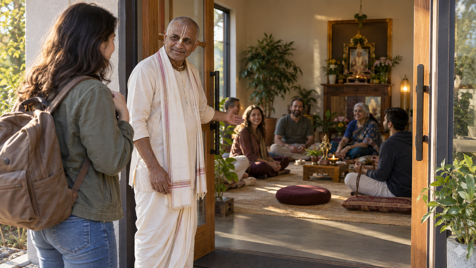 A Vedic teacher welcomes a casually dressed newcomer through an open doorway into a small seated community gathering.