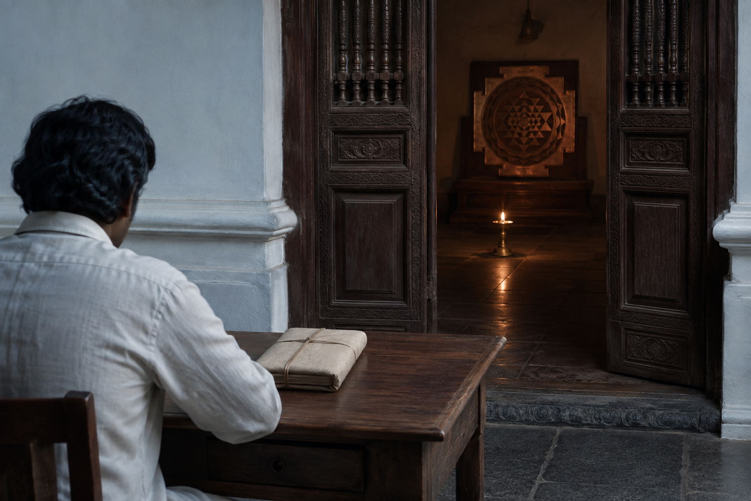 A reader sits beside a wrapped manuscript while a doorway separates the study area from a softly lit shrine containing a Sri Chakra and brass lamp.