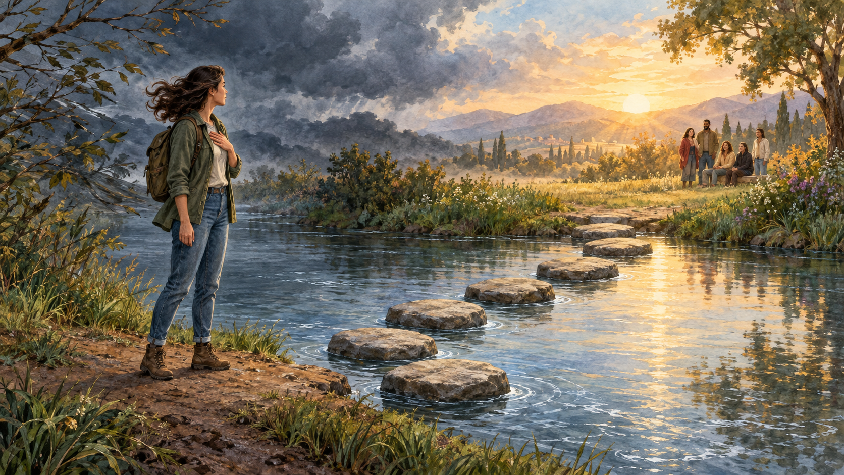 A person pauses beside a stream before seven stepping stones that lead toward a small group under clearing skies.