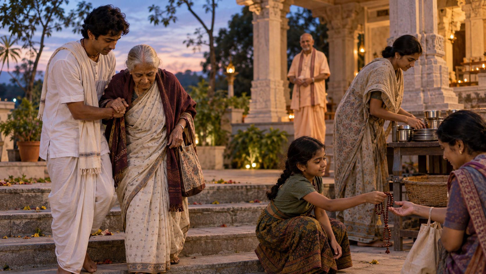 Community members help an elderly visitor, collect dishes, and return dropped prayer beads after a gathering as a leader watches from the background.