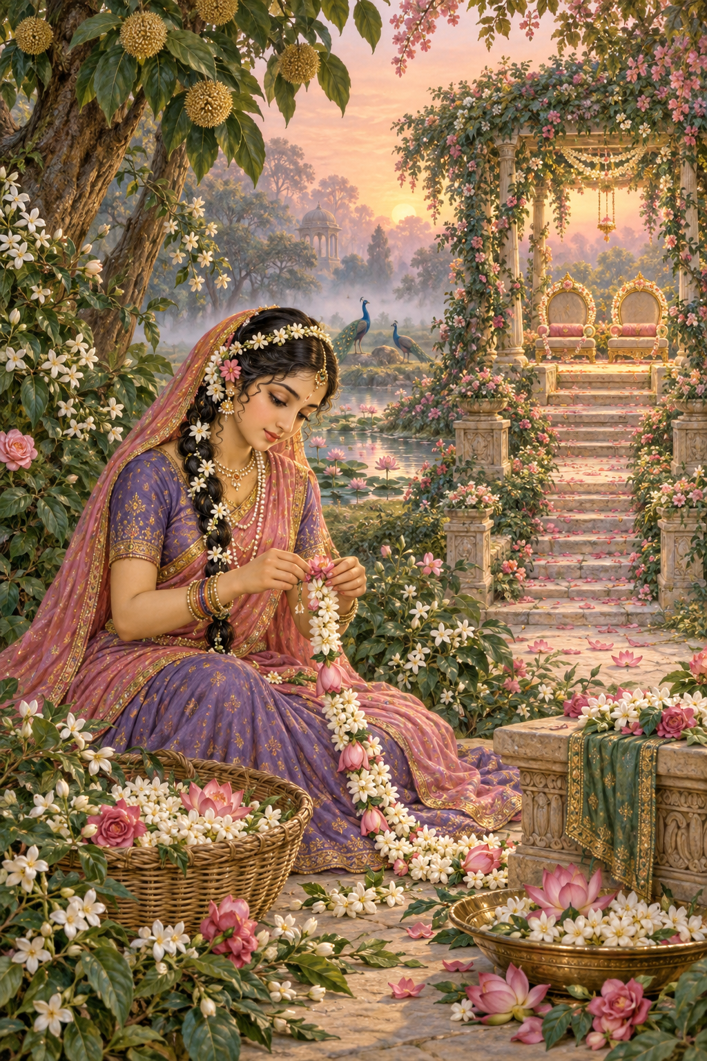Devotional illustration of Lalita Sakhi arranging a flower garland in a flowering Vrindavan grove at dawn.