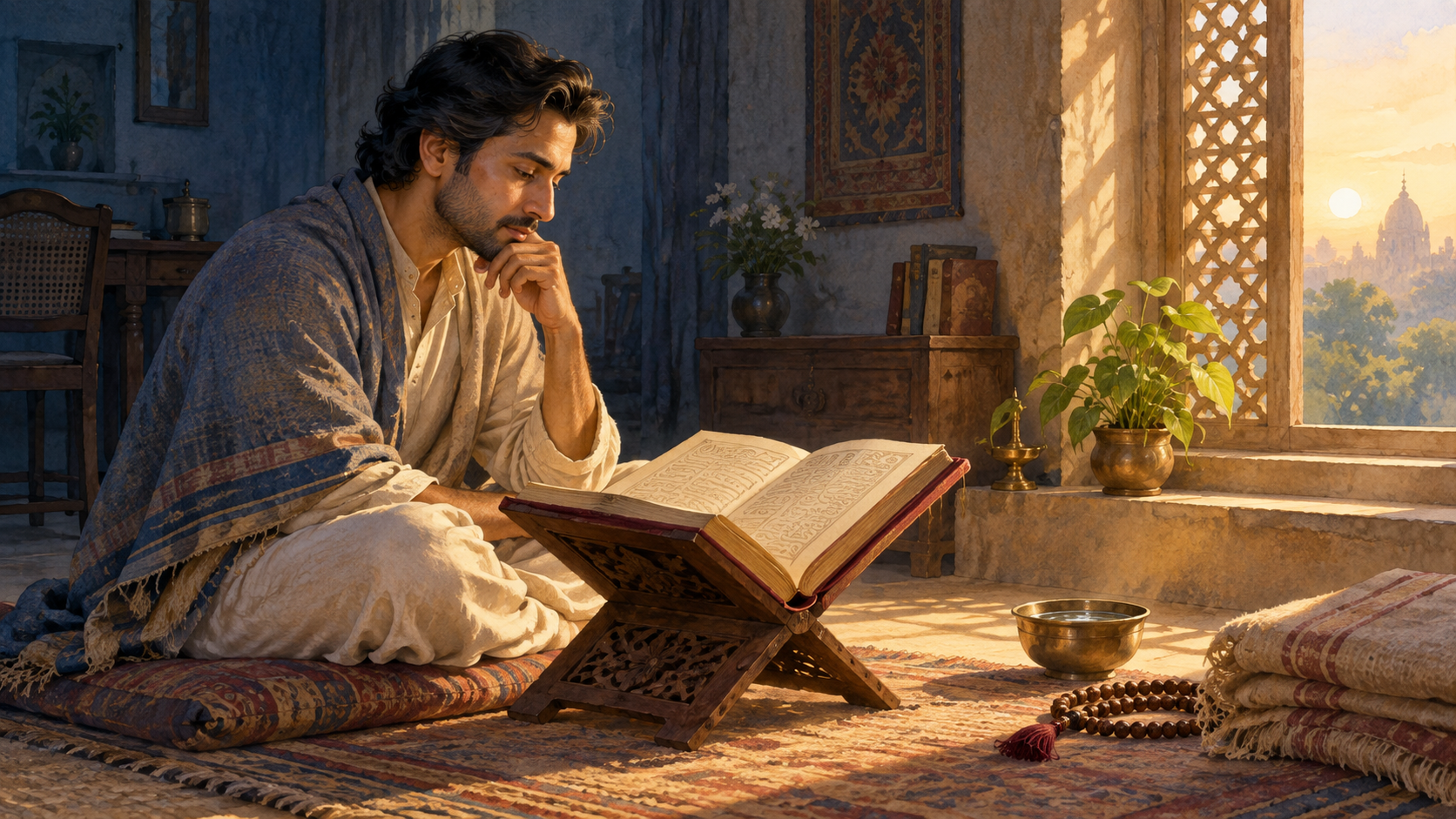 A reader sits before an open sacred volume as dawn light illuminates the book, the reader's face, and objects in a quiet study.