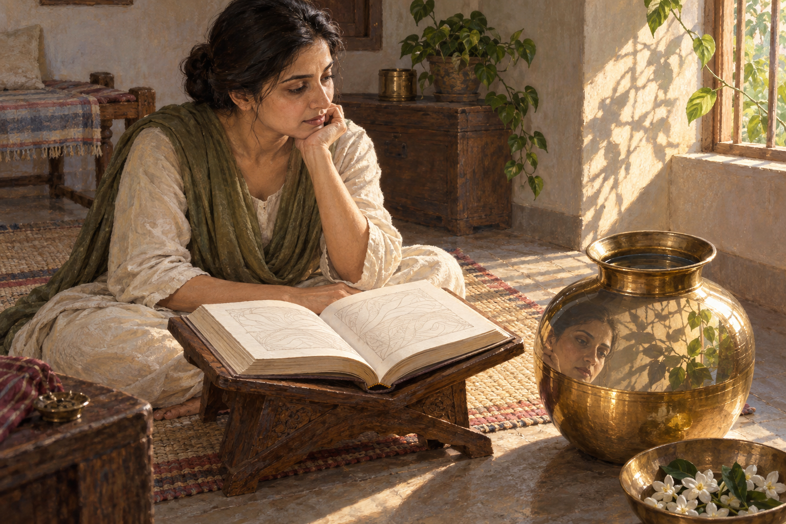 A thoughtful reader beside an open sacred book sees a reflection in a brass water vessel as tangled shadows become clear leaves in the light.