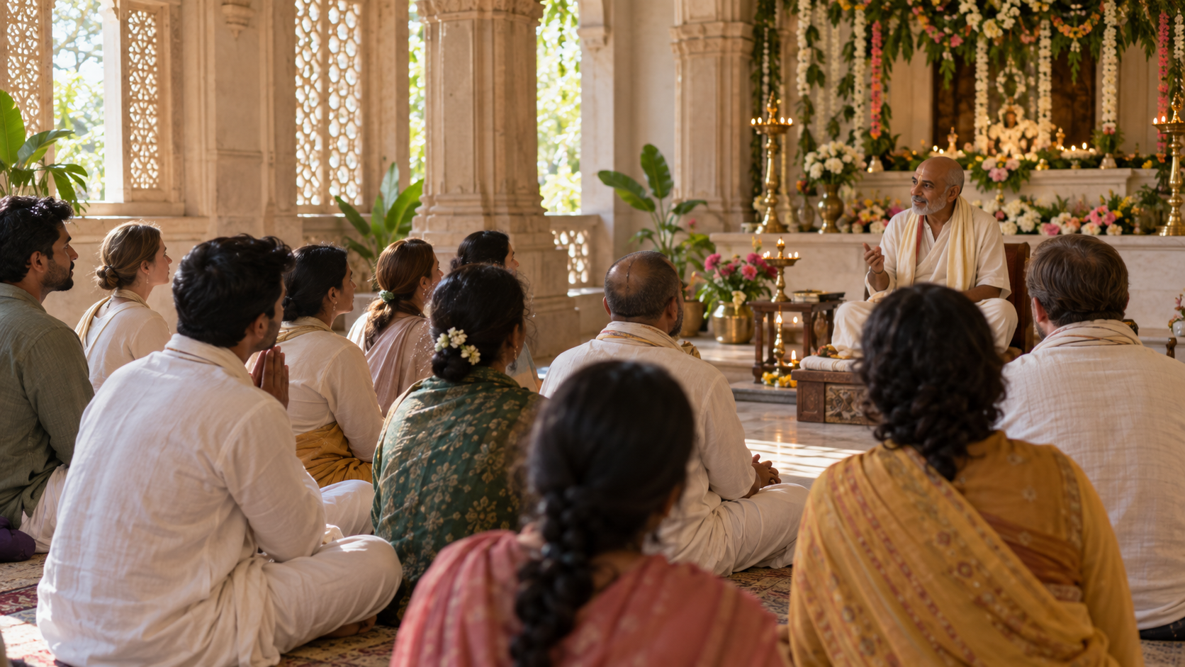 Devotees seated in a Vaishnava temple listen attentively to a teacher near a flower-decorated altar.