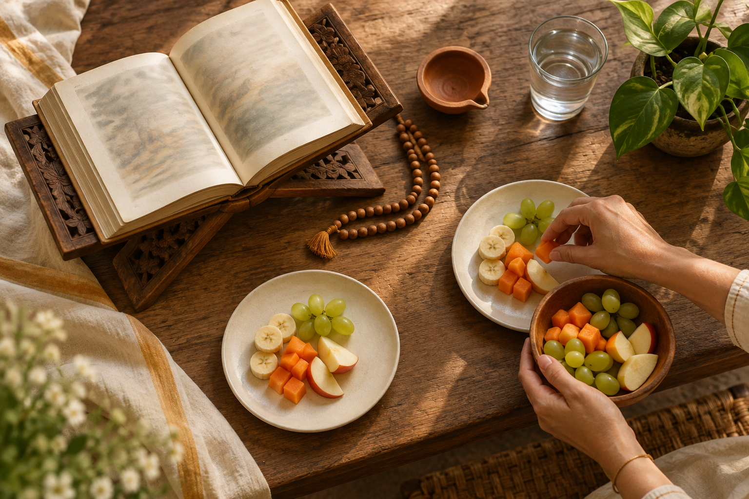An open sacred book, prayer beads, a clay lamp, and hands dividing fruit between two plates form a circle of study and practice.