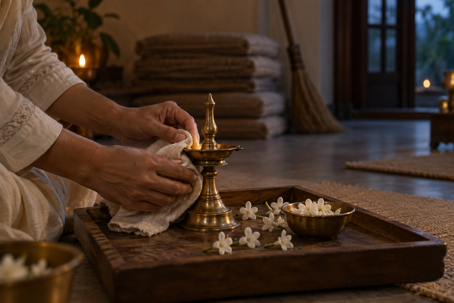 Anonymous hands clean a brass lamp and arrange jasmine flowers after a devotional gathering.