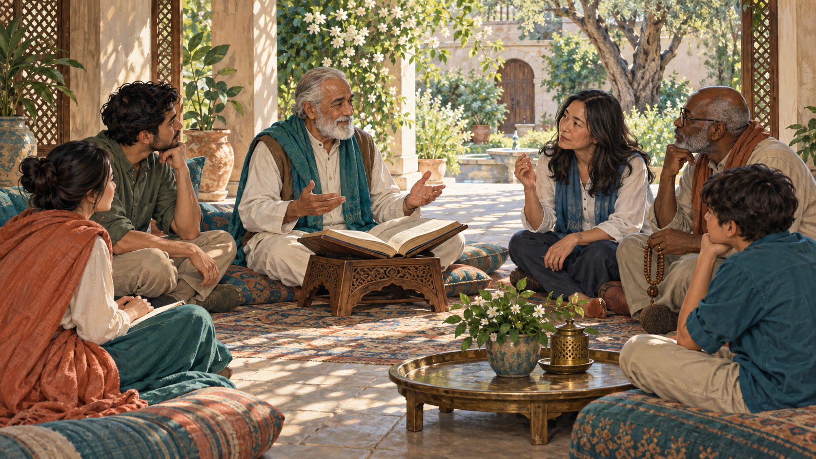 A small group listens to an elder reading from a sacred volume, while one attentive participant raises a hand to ask a question.