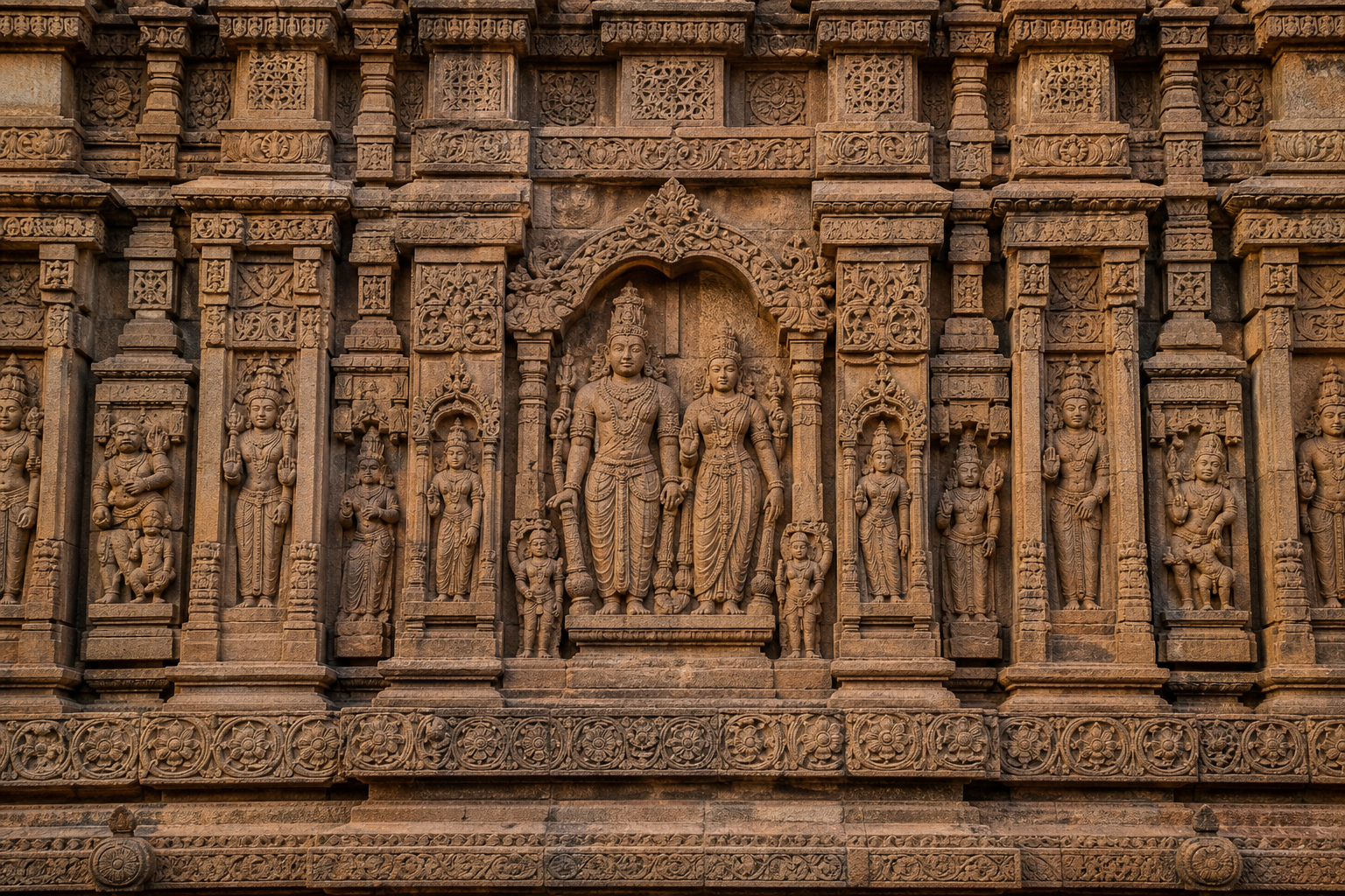 Temple wall with a divine couple at the center of a shared niche, surrounded by attendants, neighboring celestial panels, and broader architectural bands.