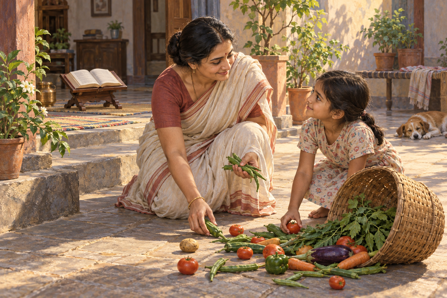 An adult calmly helps a younger family member collect vegetables from a spilled basket, with an open sacred book nearby.