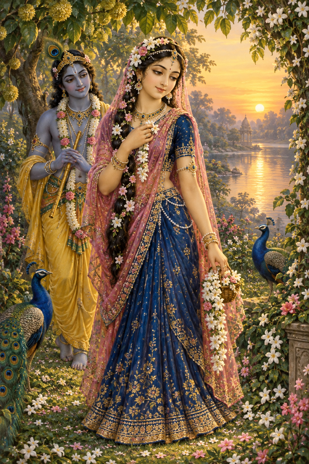 Srimati Radharani stands at the center of a flowering Vrindavan grove at dawn, with Krishna holding a flute nearby and the Yamuna in the distance.