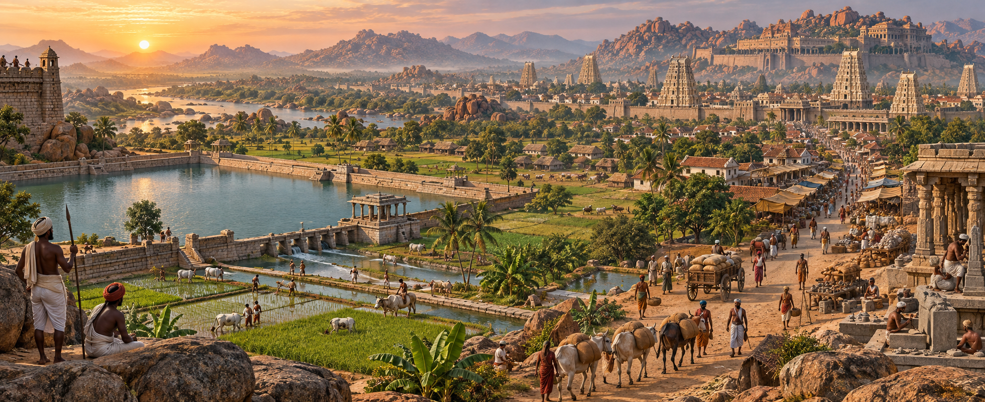 Reconstructed Vijayanagara landscape with a reservoir, irrigated fields, farming villages, pack animals, a market street, temple towers and the fortified capital.
