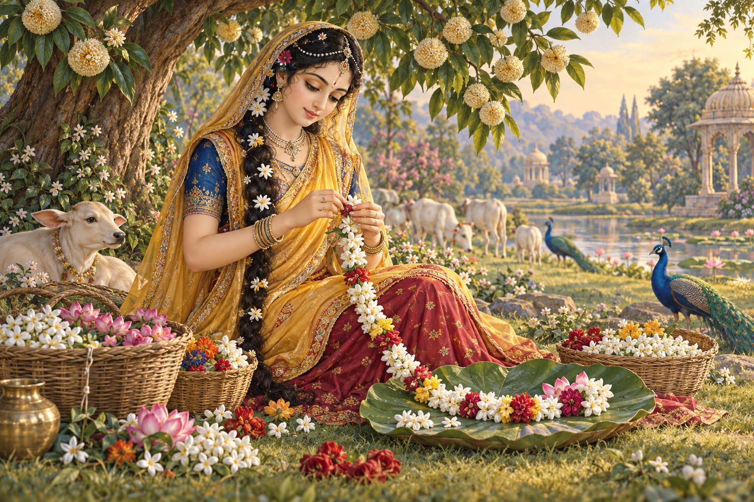 Radharani sits beneath a flowering tree in Vrindavan and weaves a jasmine garland for Krishna, with baskets of flowers beside her.
