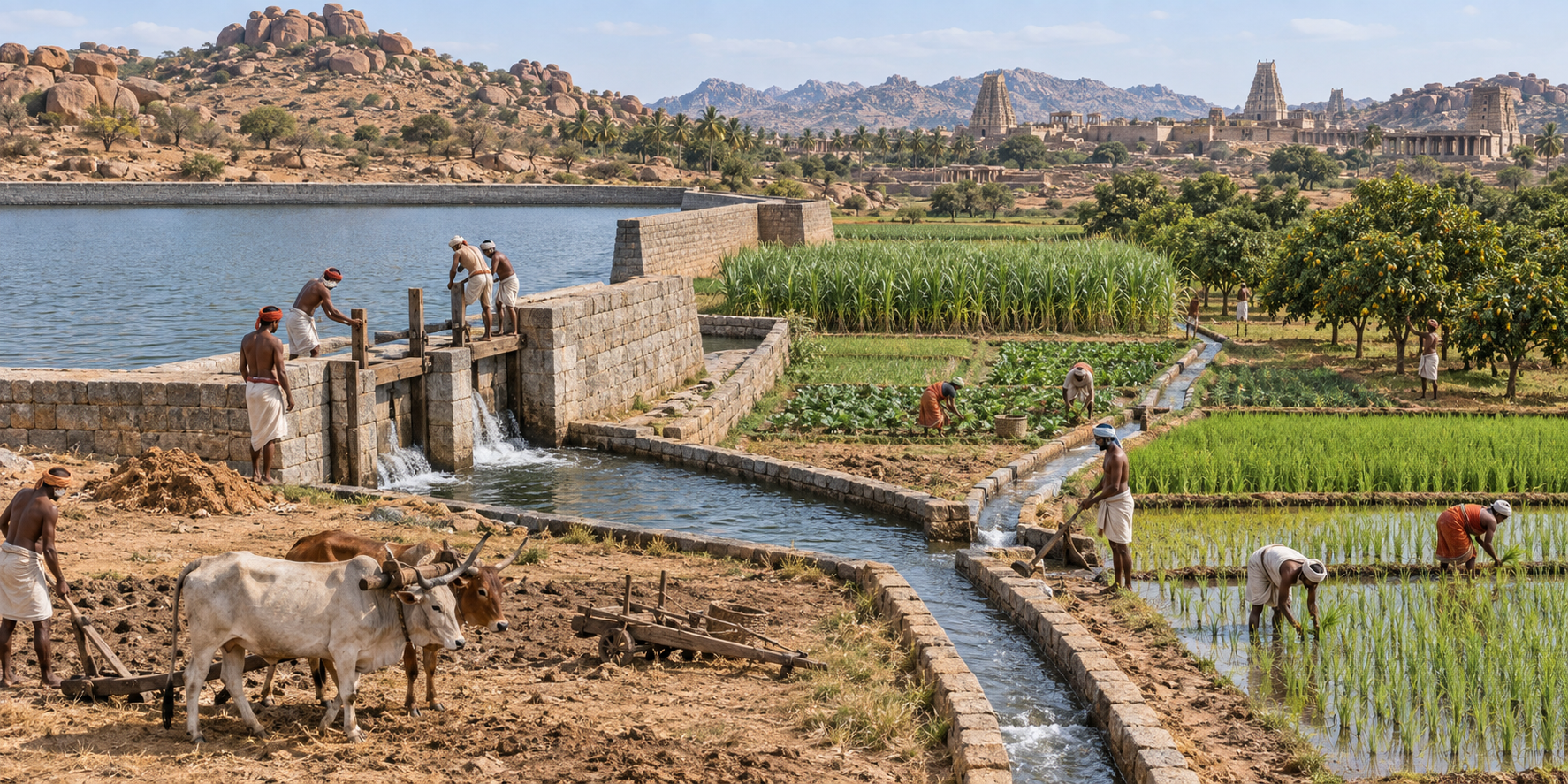Stone reservoir and irrigation channels supplying cultivated fields in a dry, rocky Vijayanagara landscape as workers manage a sluice.