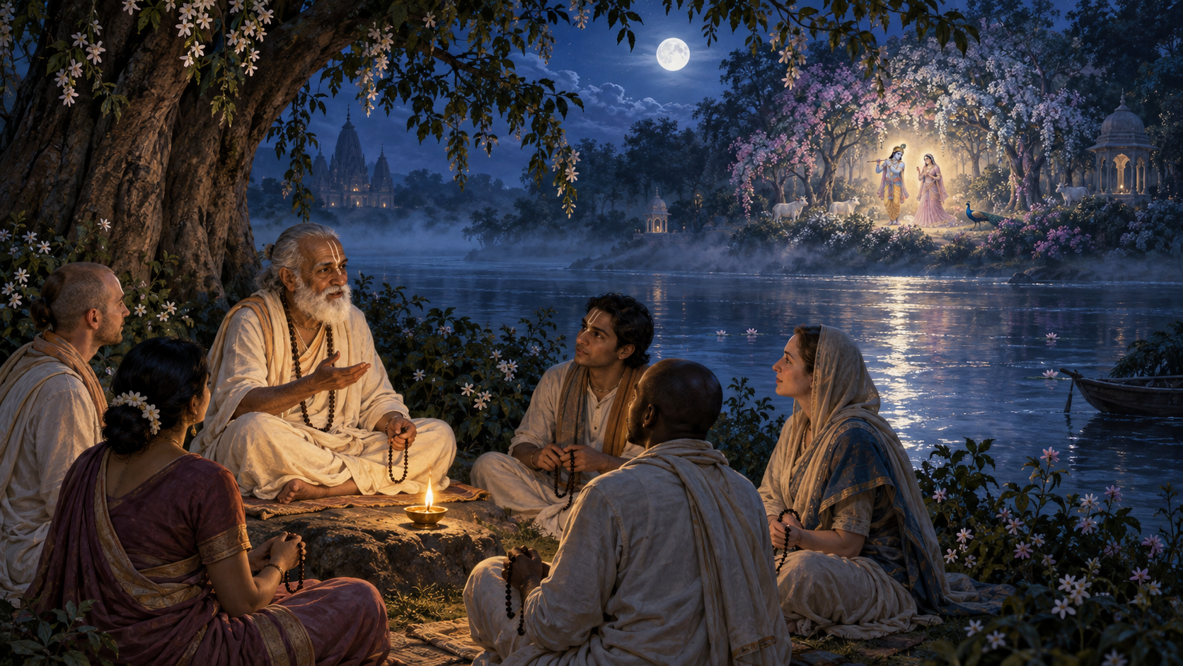 Devotees listen to an elderly teacher beside the Yamuna at night while a radiant vision of Radharani and Krishna appears across the river.