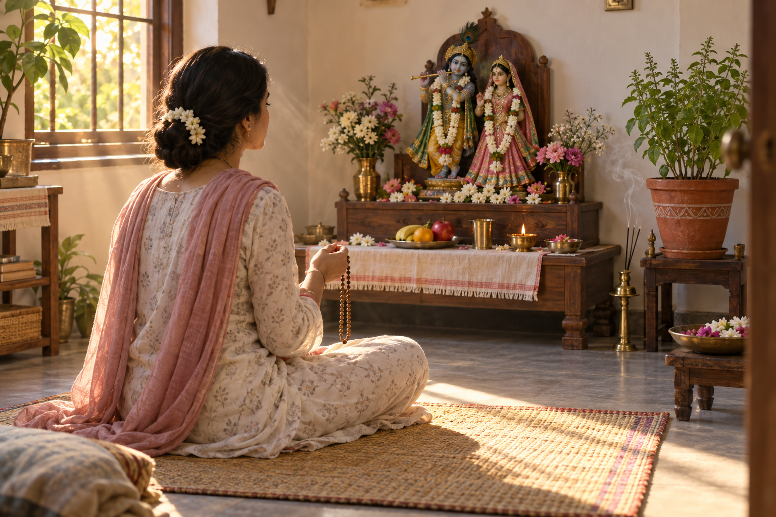 A devotee chants with prayer beads before a Radha-Krishna home altar decorated with flowers, a tulasi plant, a lamp, fruit, and water.