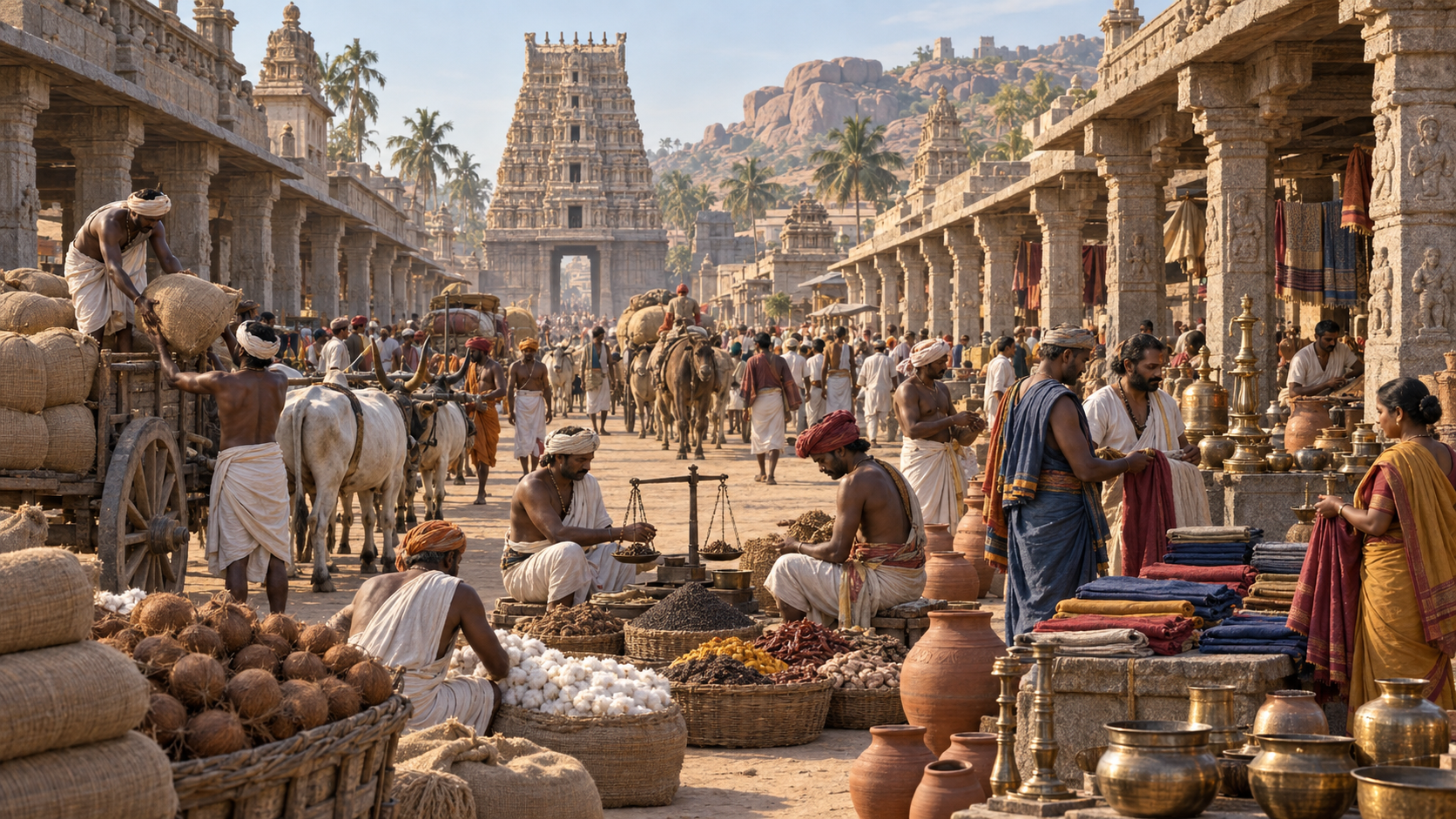 Vijayanagara market street where porters unload grain, cotton, pottery, metalware and cloth from ox carts beside stone-pillared shops.