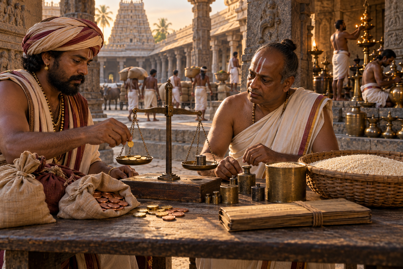 A merchant and temple steward weigh coins beside grain and account bundles while workers carry supplies into a granite temple compound.
