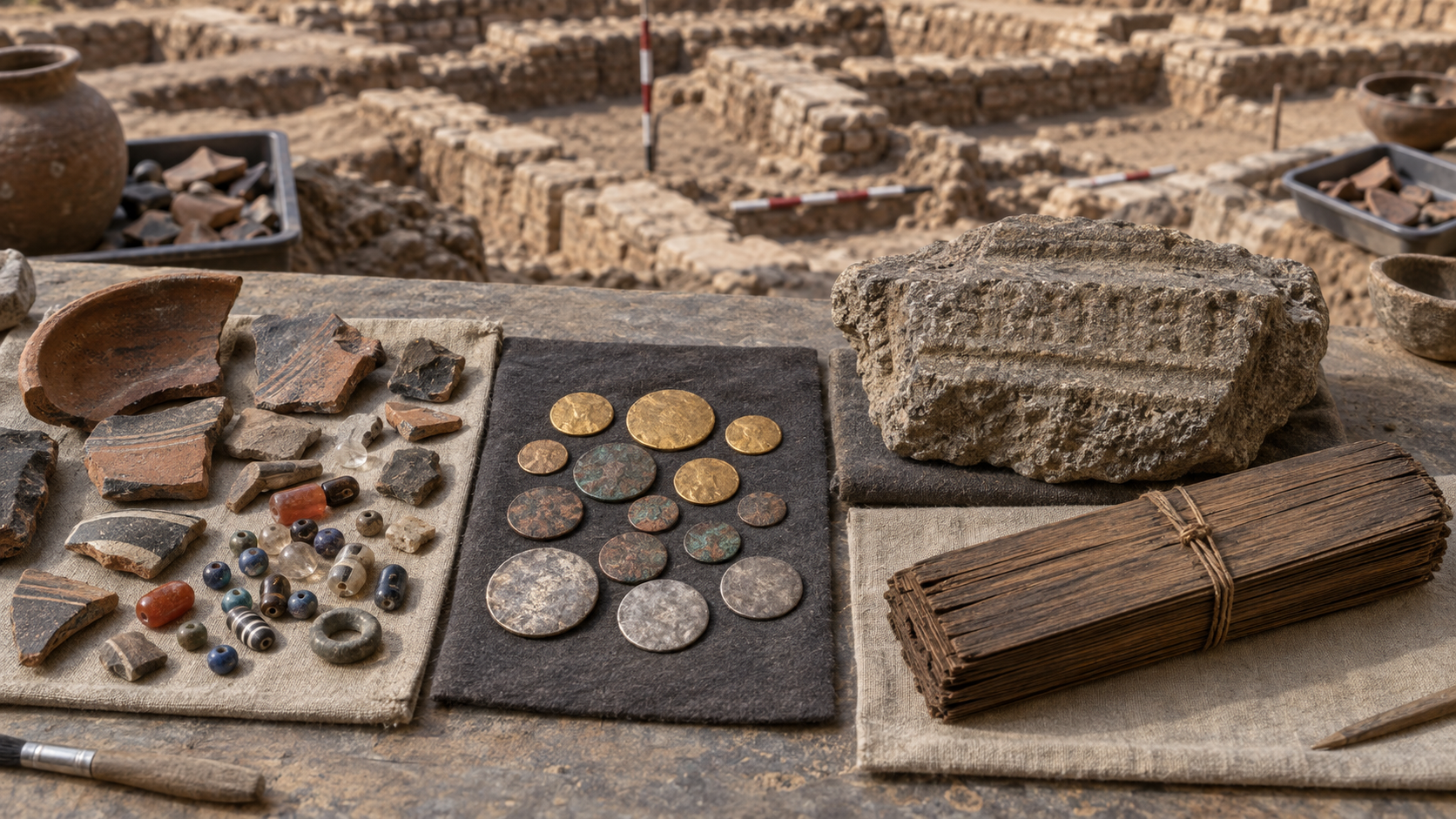 Ceramic fragments, trade beads, coins, a weathered stone fragment and a closed palm-leaf manuscript arranged as different forms of historical evidence.