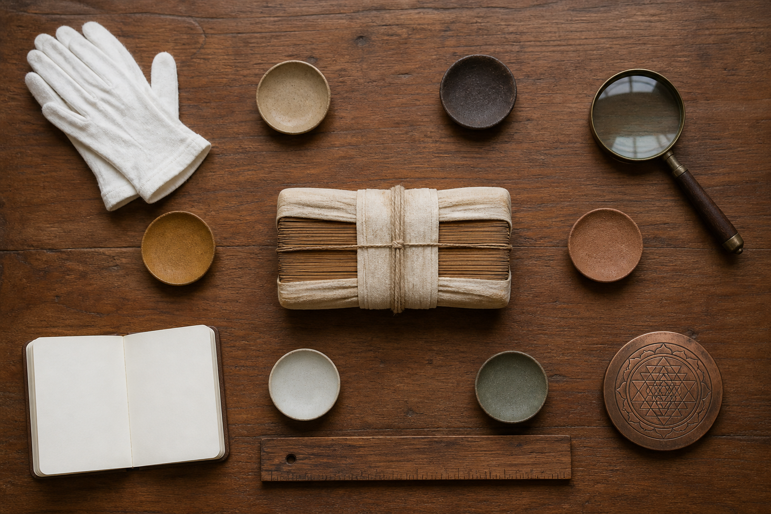 A wrapped palm-leaf manuscript is surrounded by six unnumbered study markers, a magnifying lens, gloves, blank notebook, straightedge, and small copper Sri Chakra.