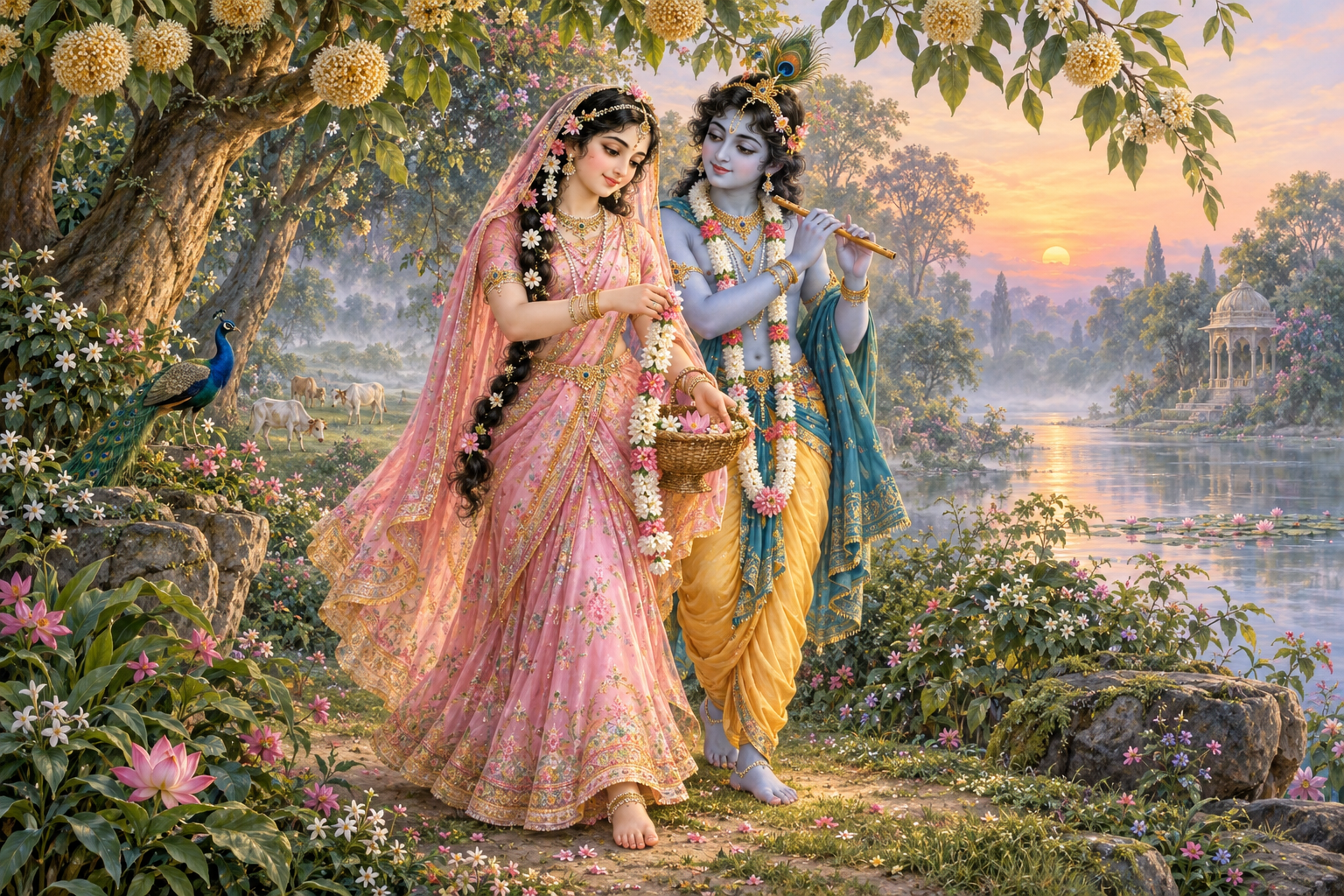 Radharani and Krishna as Gopala standing in a flowering Vrindavan grove with calves, a flute, and the Yamuna in the distance.