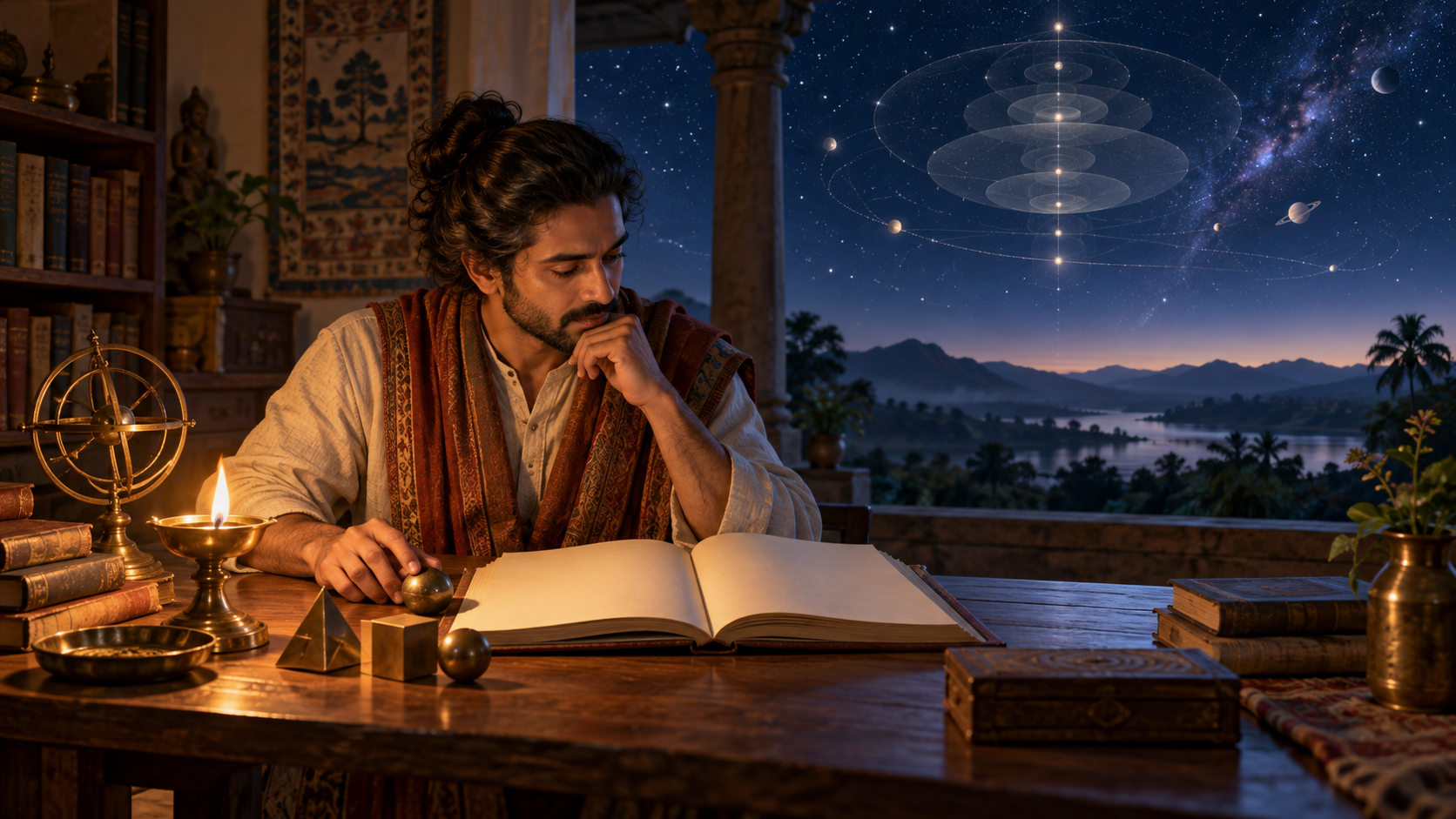 A scholar-practitioner studies an open book beside an oil lamp while stars, planets, and translucent concentric cosmic realms appear beyond the veranda.