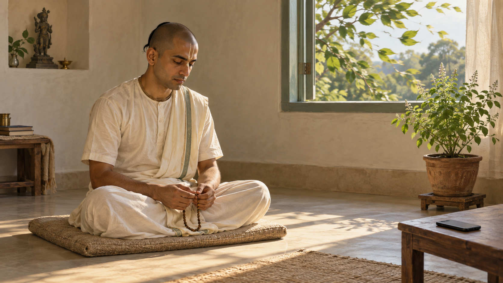 A Vaishnava practitioner sits quietly with prayer beads beside a sunlit window before responding.