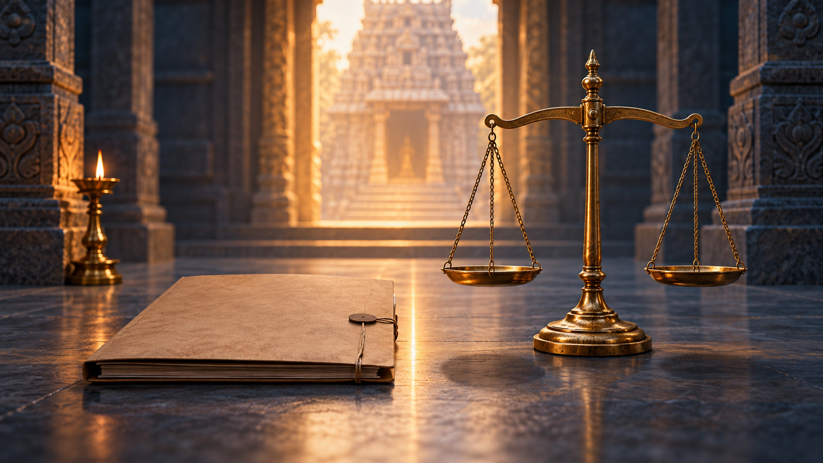 A plain document folder and balanced brass justice scales stand before a softly lit Hindu temple doorway and oil lamp.