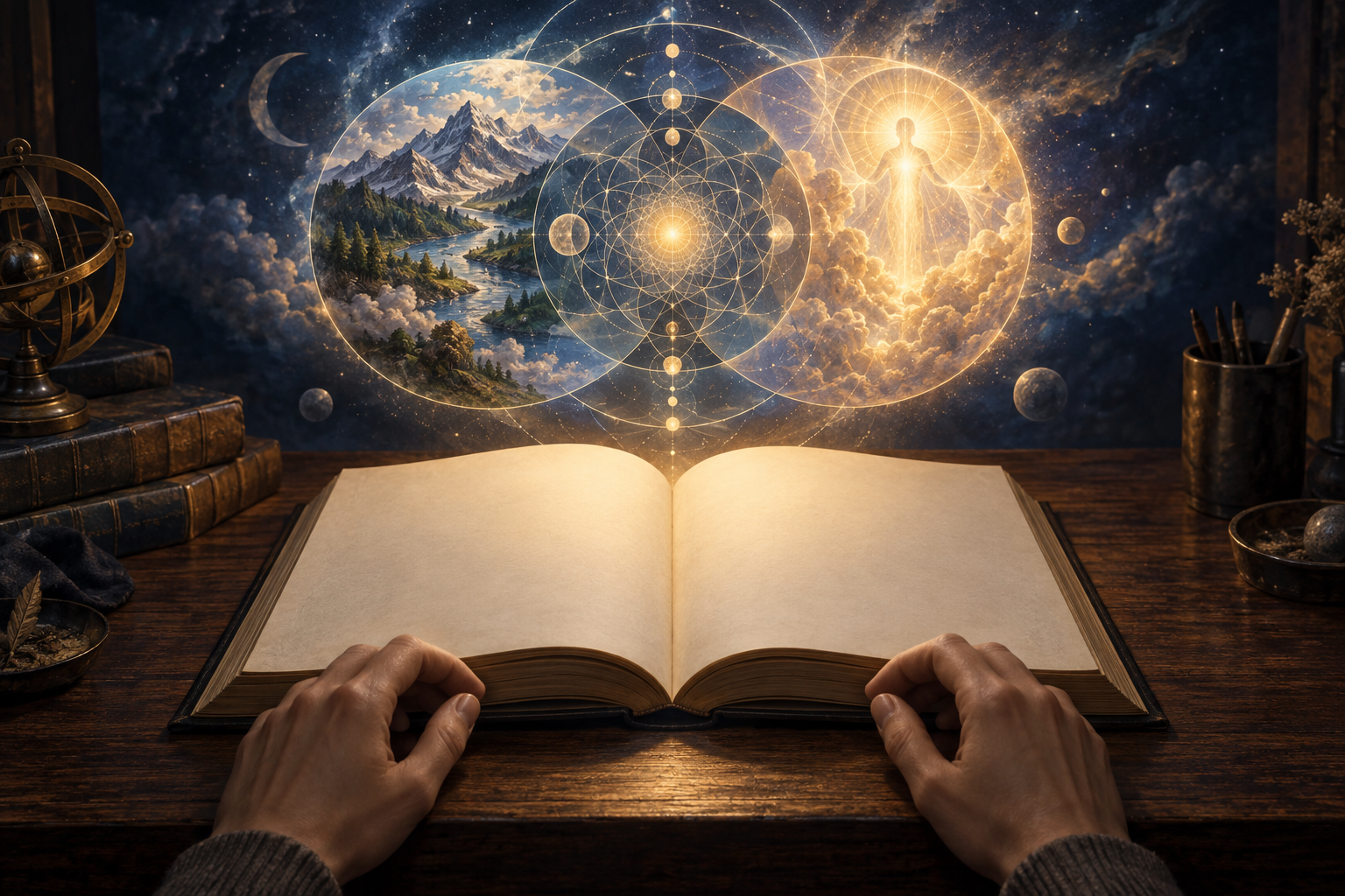 An open blank book lies beneath three overlapping versions of a cosmic form: a physical landscape, a geometric pattern, and a luminous devotional vision.
