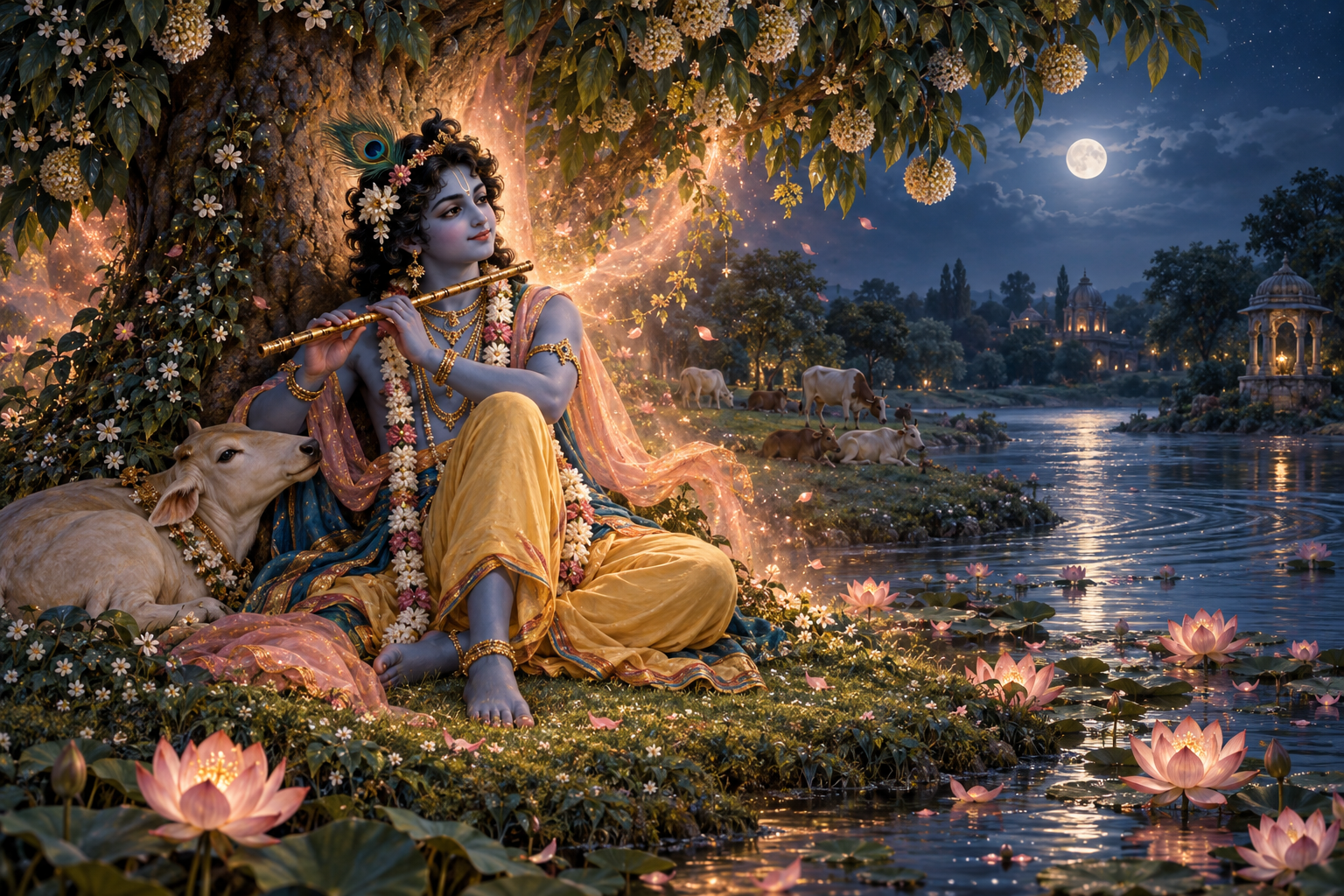 Krishna as Gopala beneath a kadamba tree, surrounded by rose-gold light, lotus blossoms, distant cows, and ripples on the Yamuna.