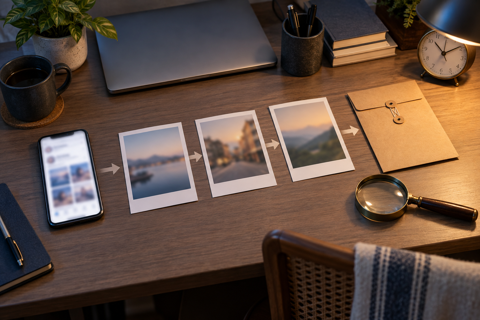 A smartphone, printouts, archival envelope, magnifying glass, and clock are arranged on a desk as an evidence file.
