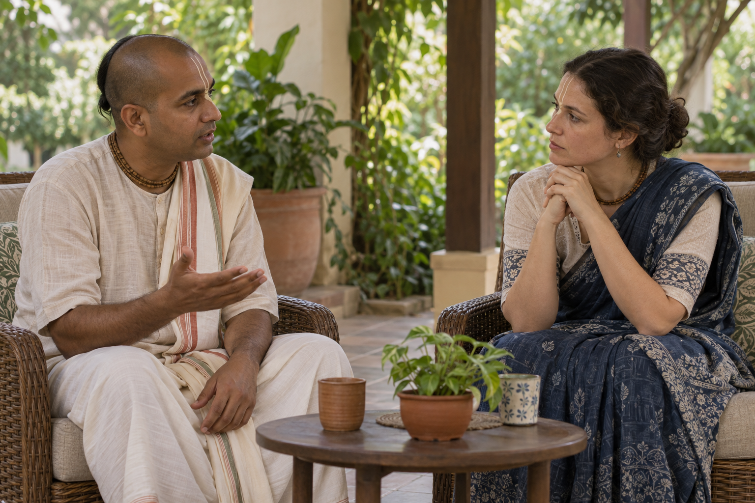 Two Vaishnava practitioners speak respectfully while seated together on a garden veranda.