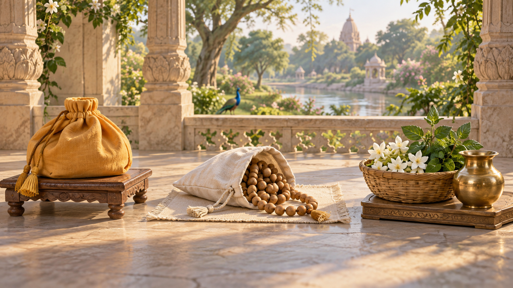 A mantra pouch, chanting beads in a bead bag, and a flower basket with a brass water vessel arranged separately on a temple veranda.