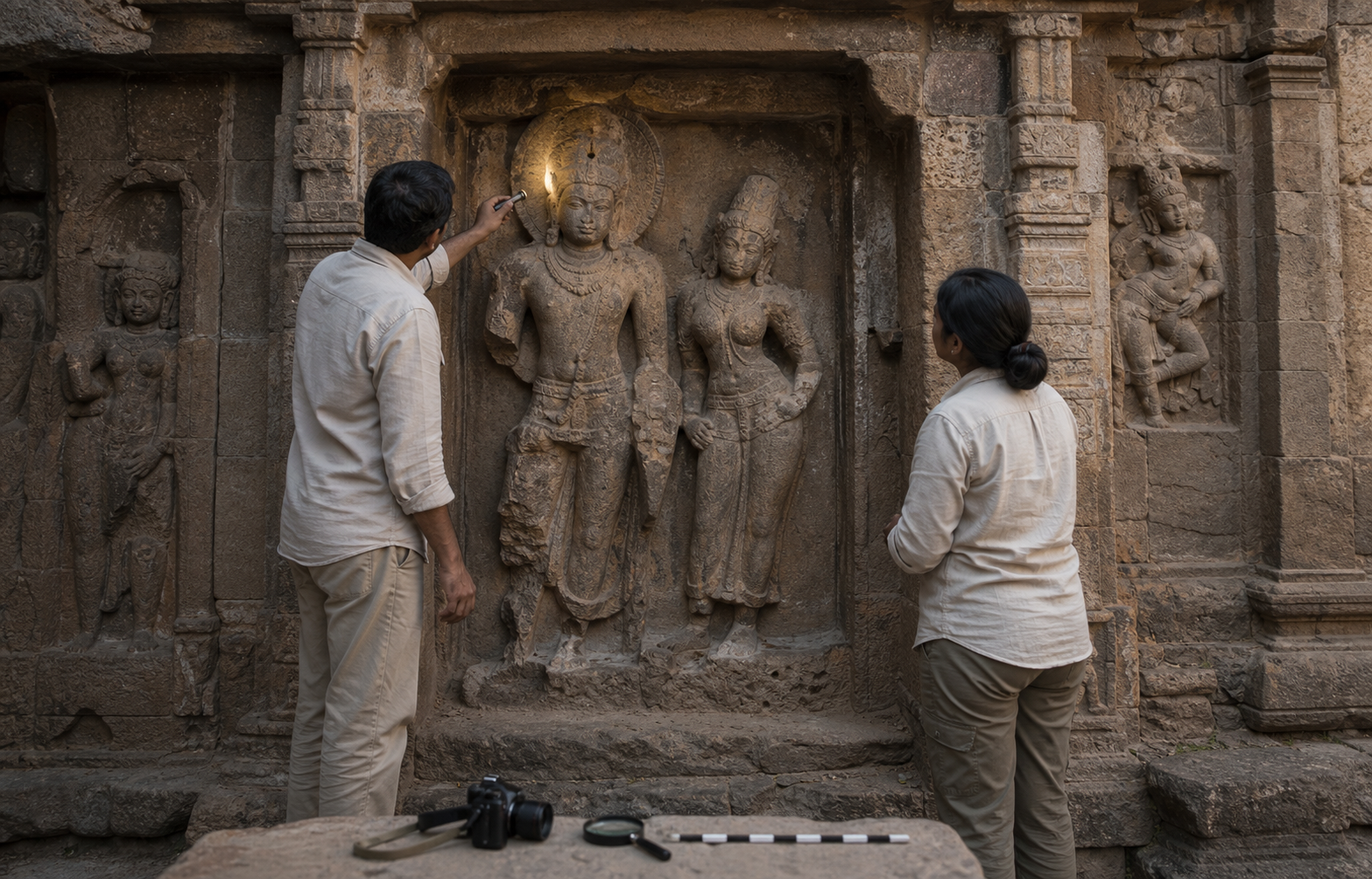 Two researchers examine a weathered temple relief in place, studying its haloed male figure, female companion, damaged attributes, niche, and neighboring carvings.