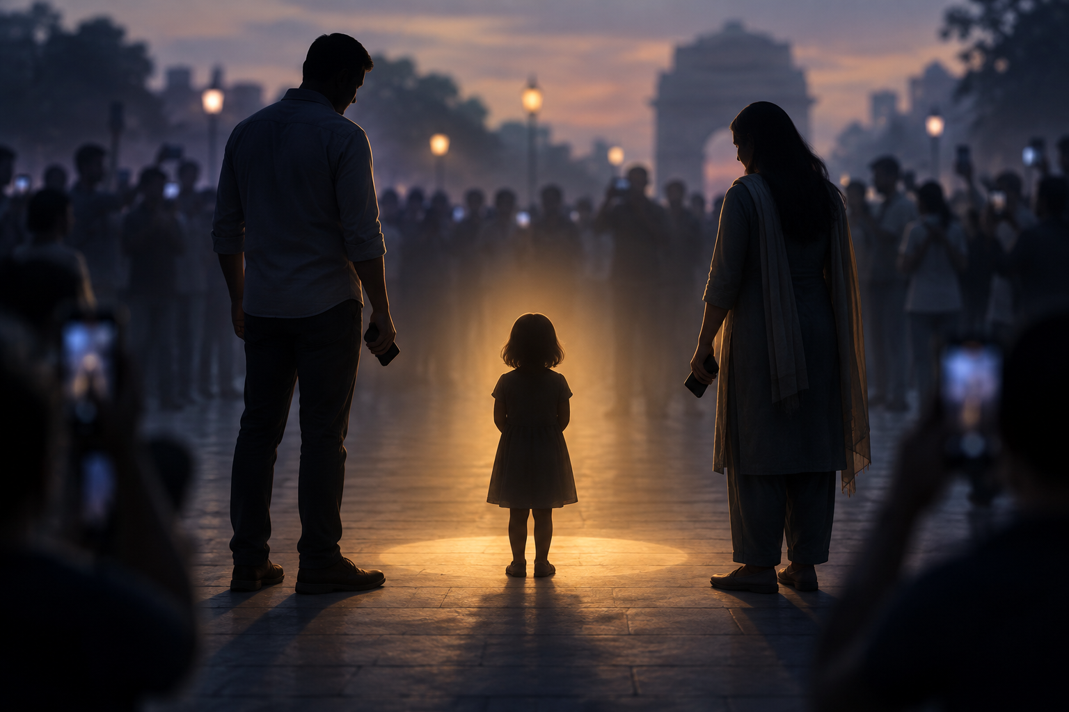 An anonymous child silhouette stands in protective light while adults shield the child from an indistinct crowd with phones.