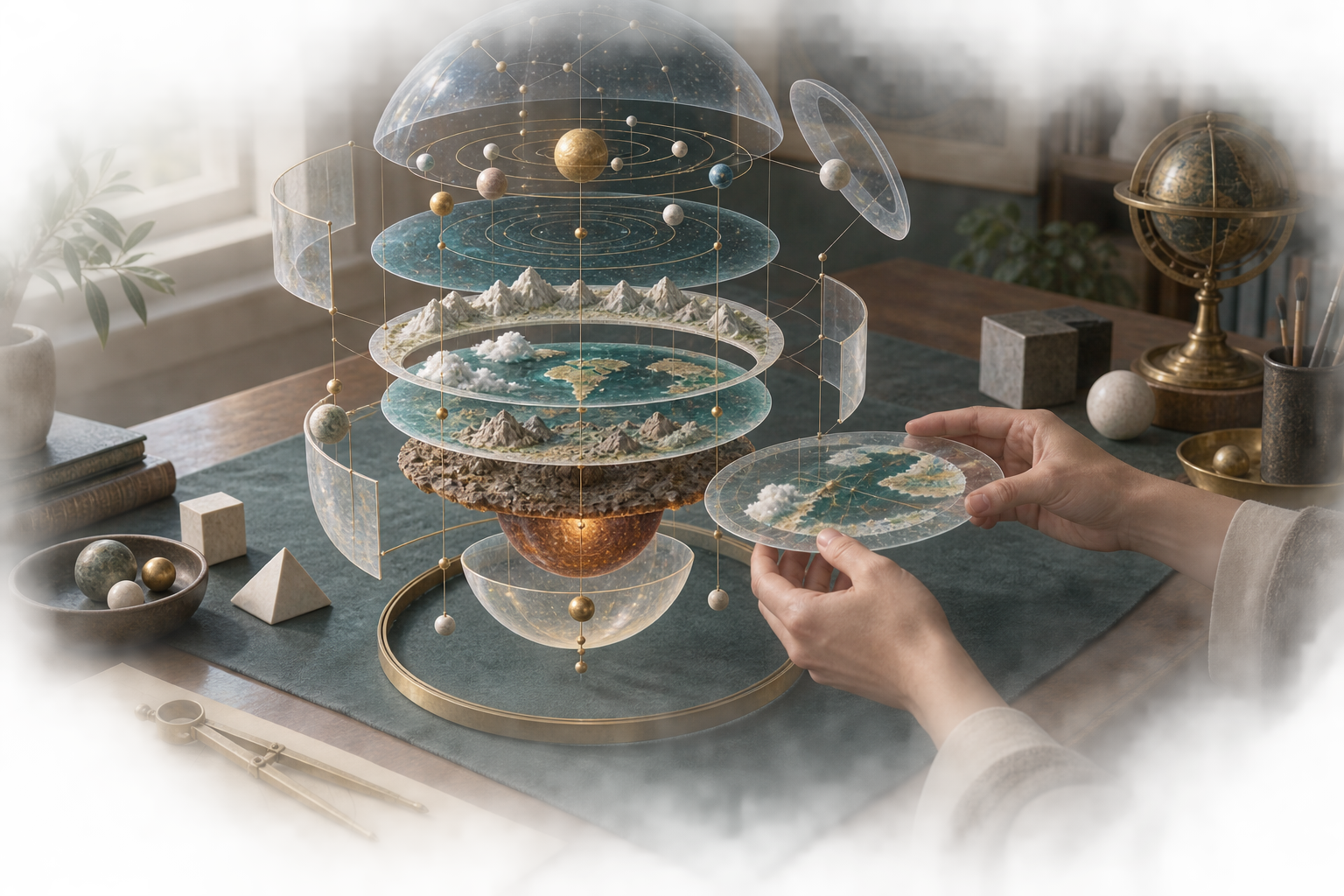 Hands assemble a layered cosmological model made of separated translucent disks, rings, mountain forms, and spherical shells.