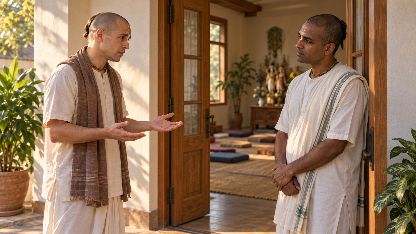 Two Vaishnava practitioners end a serious conversation with respectful gestures and space between them at a doorway.
