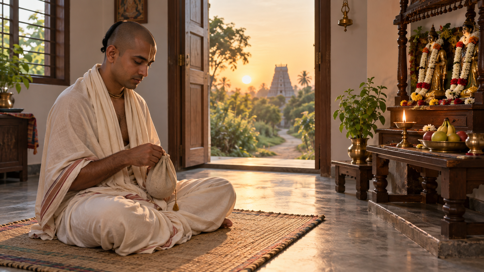 A practitioner chants with beads in a bead bag before a raised home altar decorated with flowers, a lamp, fruit, and tulasi leaves.