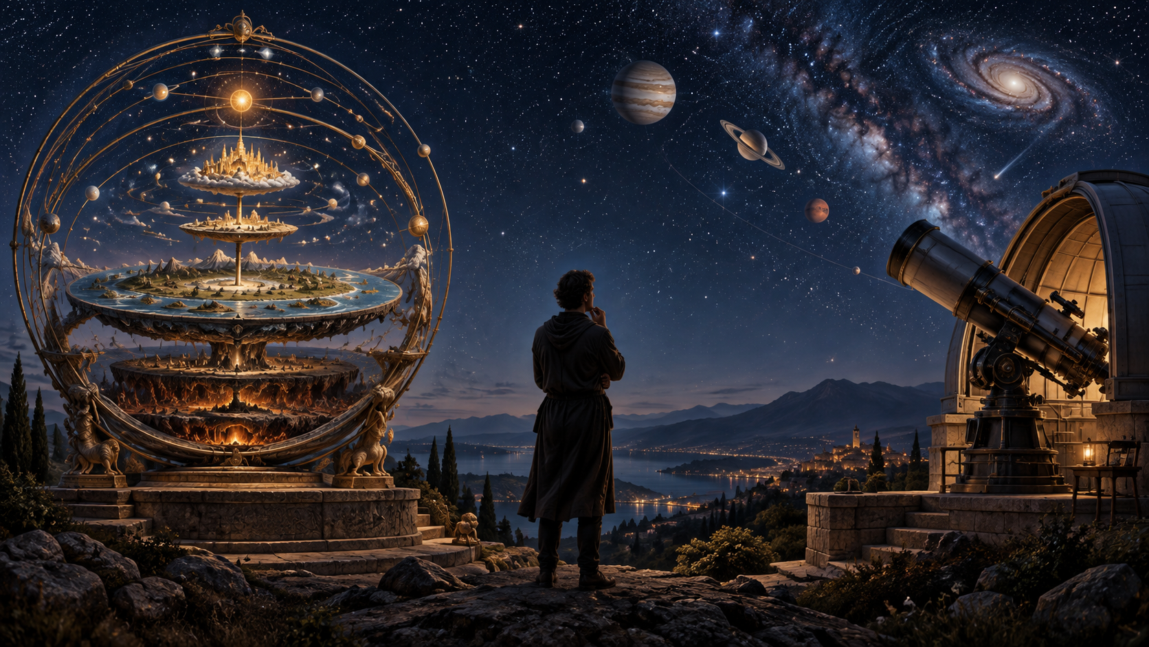 An observer stands between a concentric cosmographic model and a telescope aimed at a star-filled sky, with both views given equal visual weight.