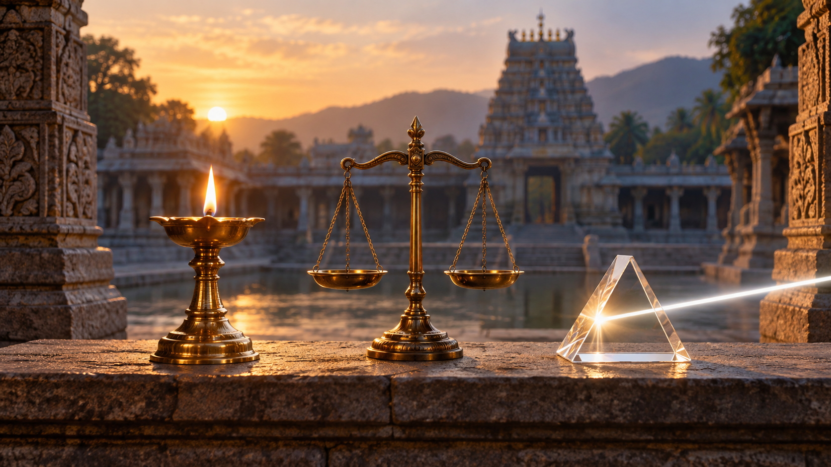 A burning brass oil lamp, balanced justice scales, and a glass prism sit in a peaceful temple courtyard at dawn.