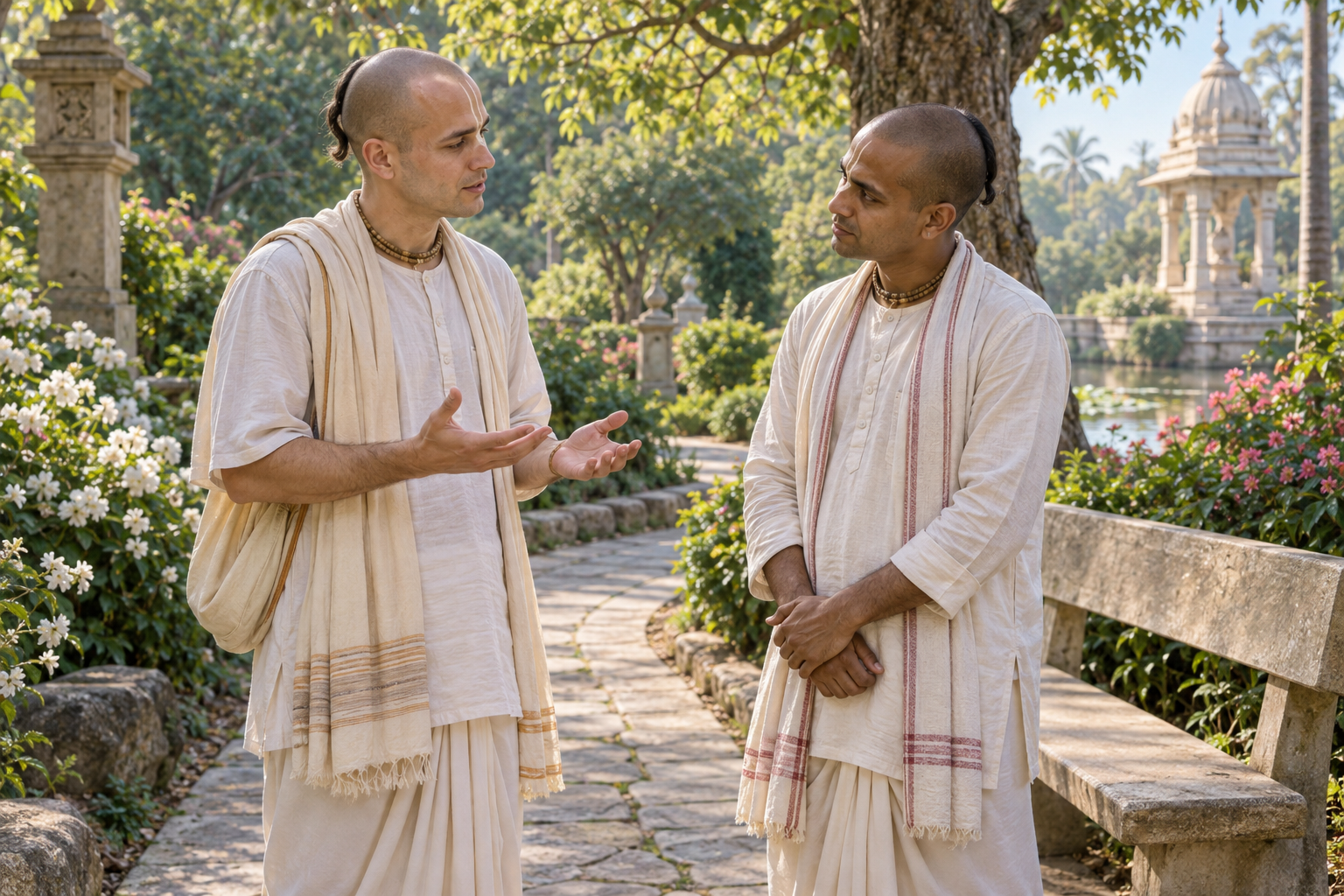 Two Vaishnava practitioners pause on a garden path for a calm face-to-face conversation.