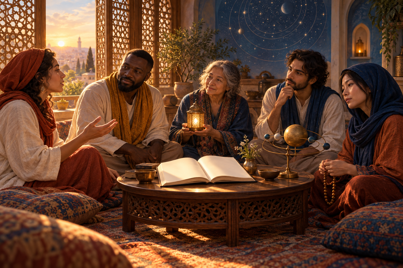 A small study circle gathers around an open book, an oil lamp, prayer beads, and an unlabeled cosmological model at dawn.