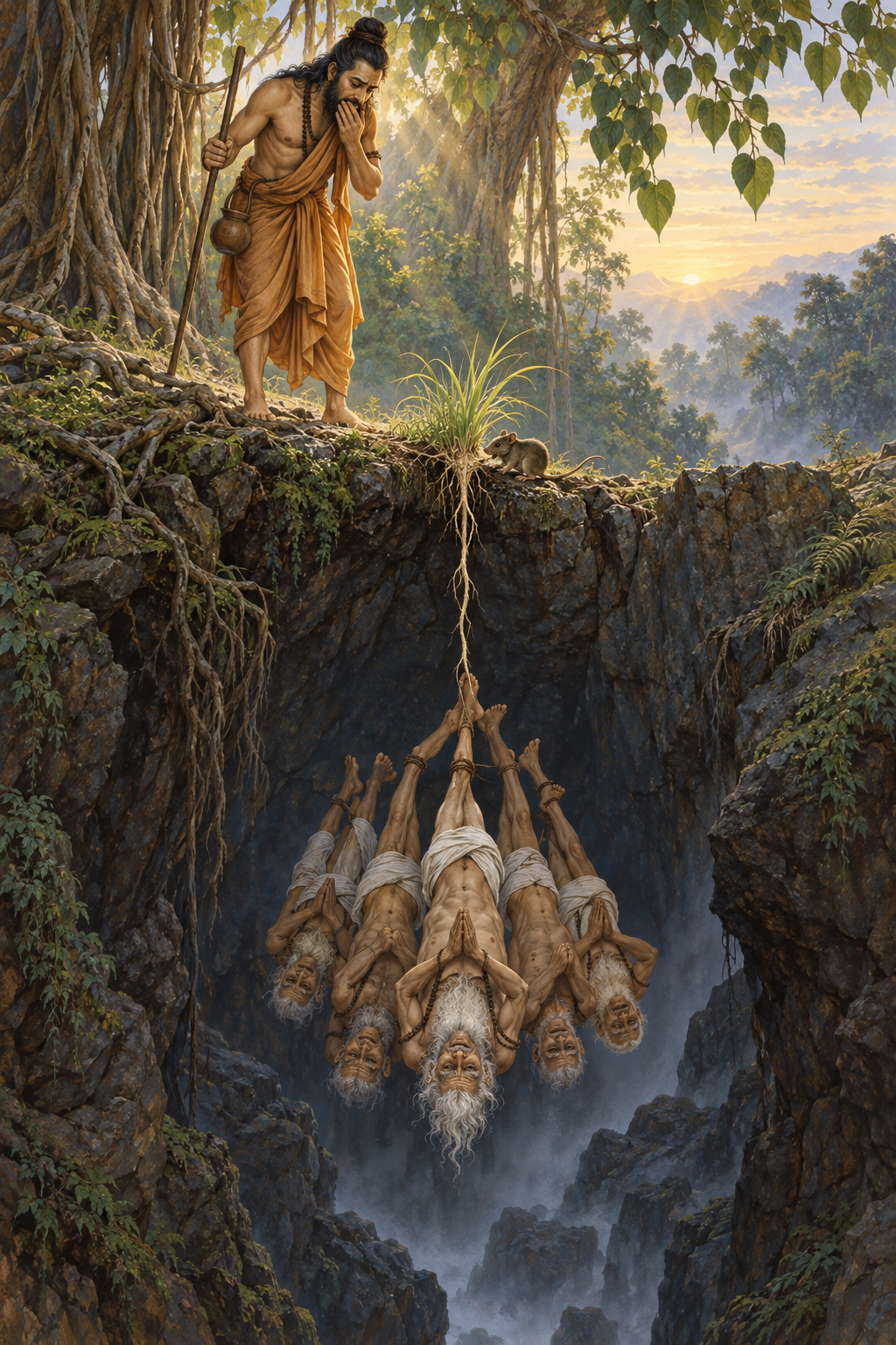 The ascetic Jaratkaru looks into a forest ravine where his ancestors hang above a chasm from a grass root being gnawed by a mouse.