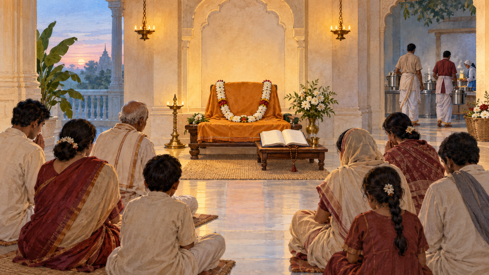 Devotees gather around an empty saffron-draped seat with flowers, prayer beads, a sacred book, and an oil lamp while volunteers carry food vessels for service.