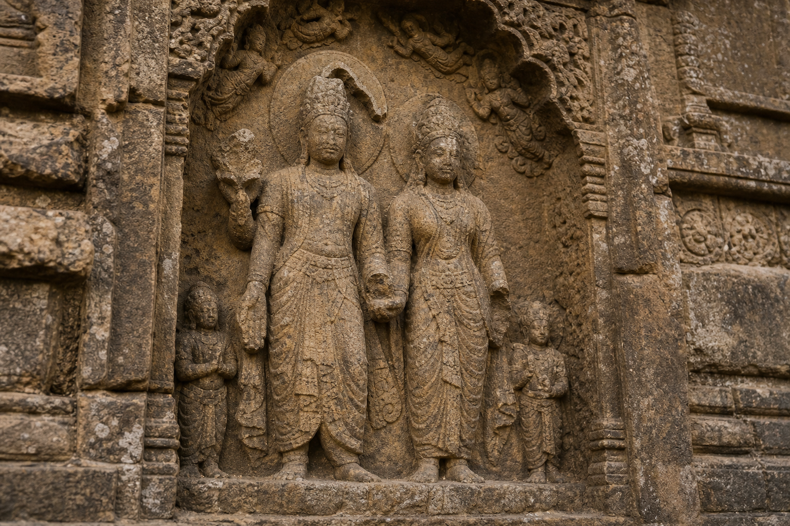 Close view of an eroded divine-couple relief with an ambiguous crescent-shaped break, a damaged hand attribute, attendants, and surrounding celestial ornament.