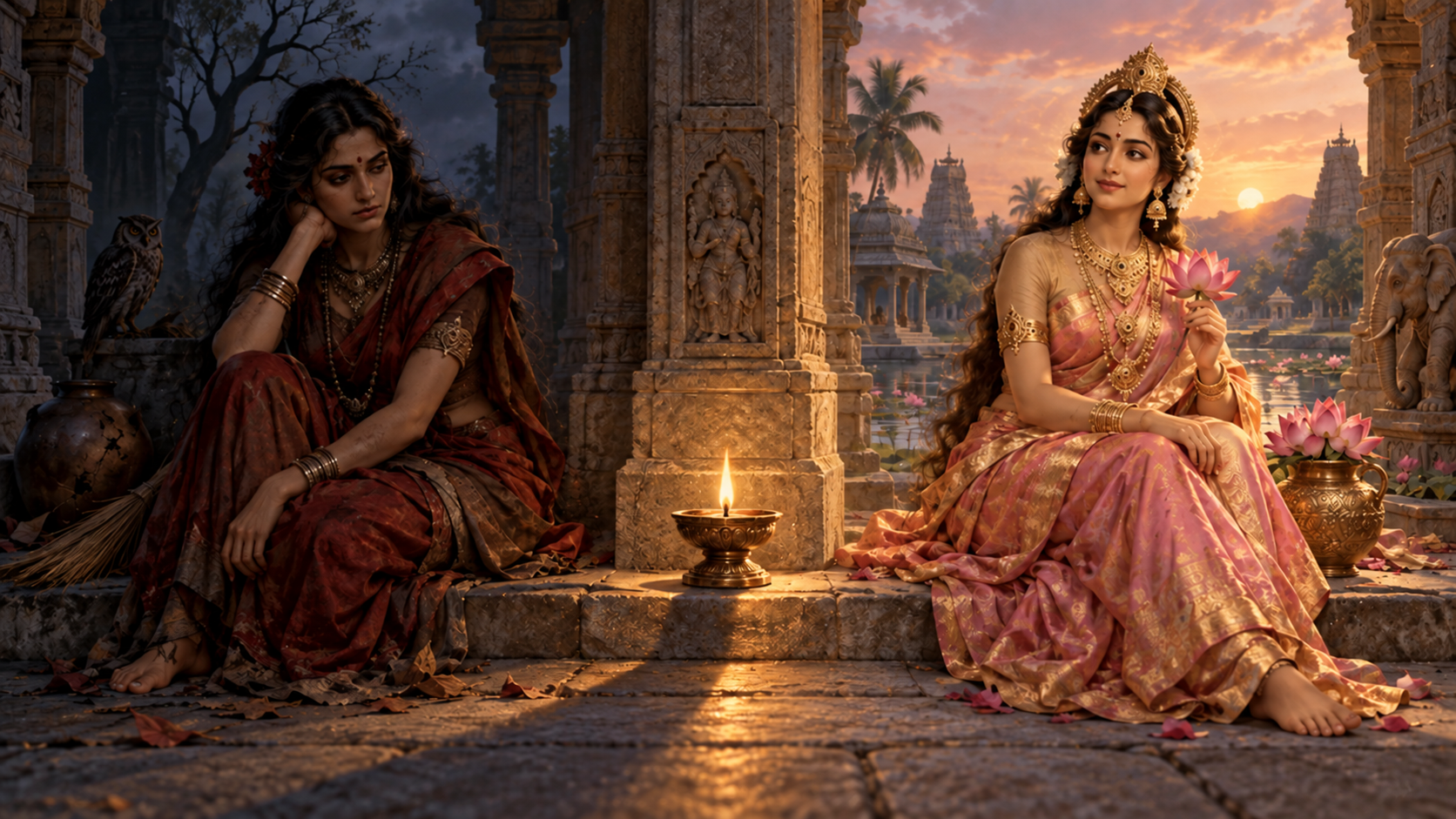 Two dignified divine feminine figures stand on opposite sides of an oil lamp in a temple courtyard, one in soft shadow and the other in warm light.