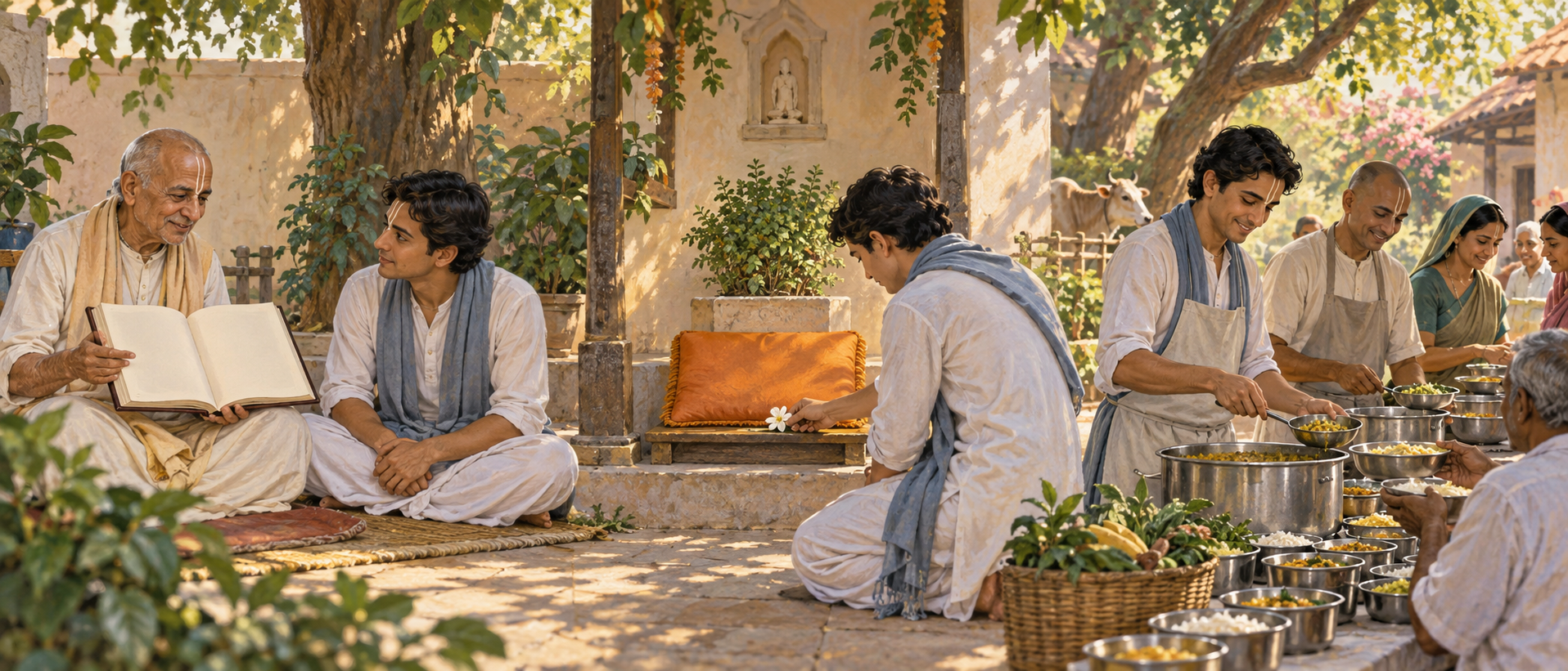 An elder reads to a younger listener, who offers a flower at an empty saffron cushion and then helps volunteers prepare vegetarian food.