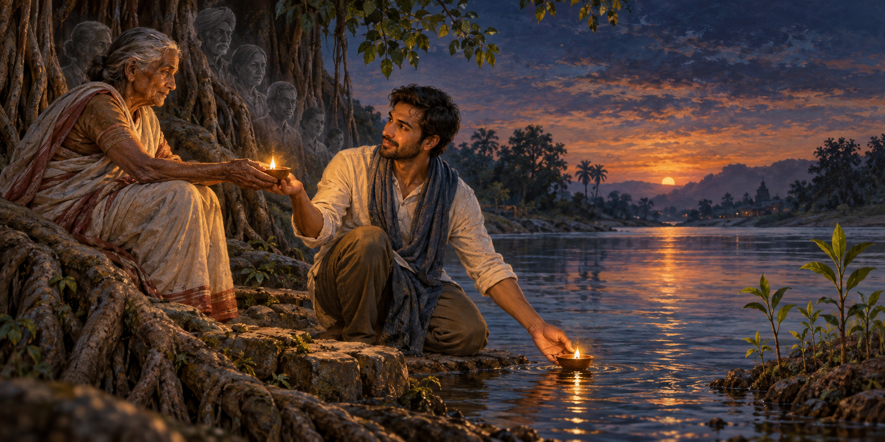 An adult receives an oil lamp from an elder beside a river while another lamp floats toward young trees and faint ancestral figures appear behind them.