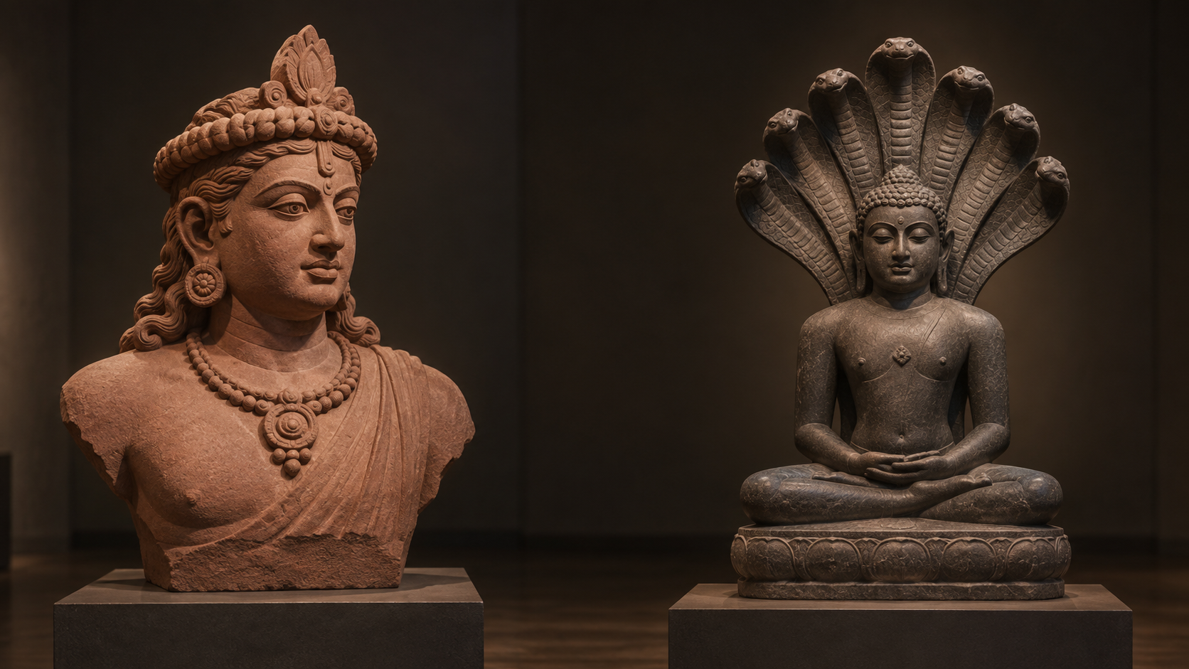 Two stone sacred sculptures stand on separate plinths: a Hindu divine bust with a continuous head ornament and a meditating Jain Tirthankara beneath seven cobra hoods.