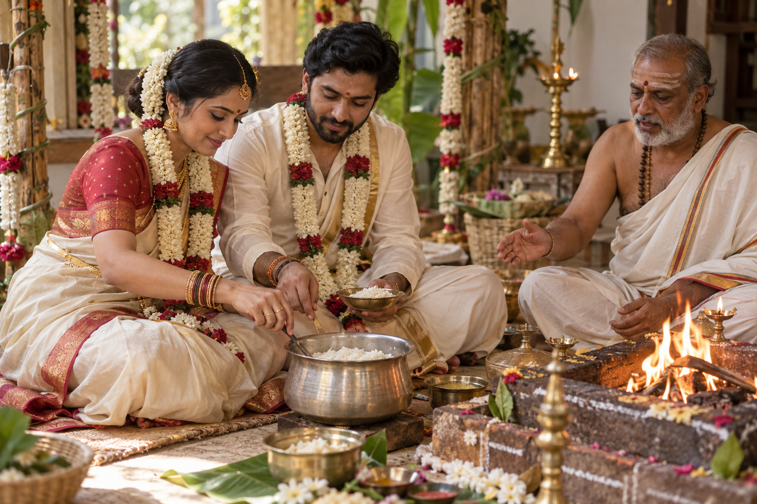 A Hindu wedding couple prepares a simple rice offering in a metal vessel beside a sacred fire with a priest guiding the rite.