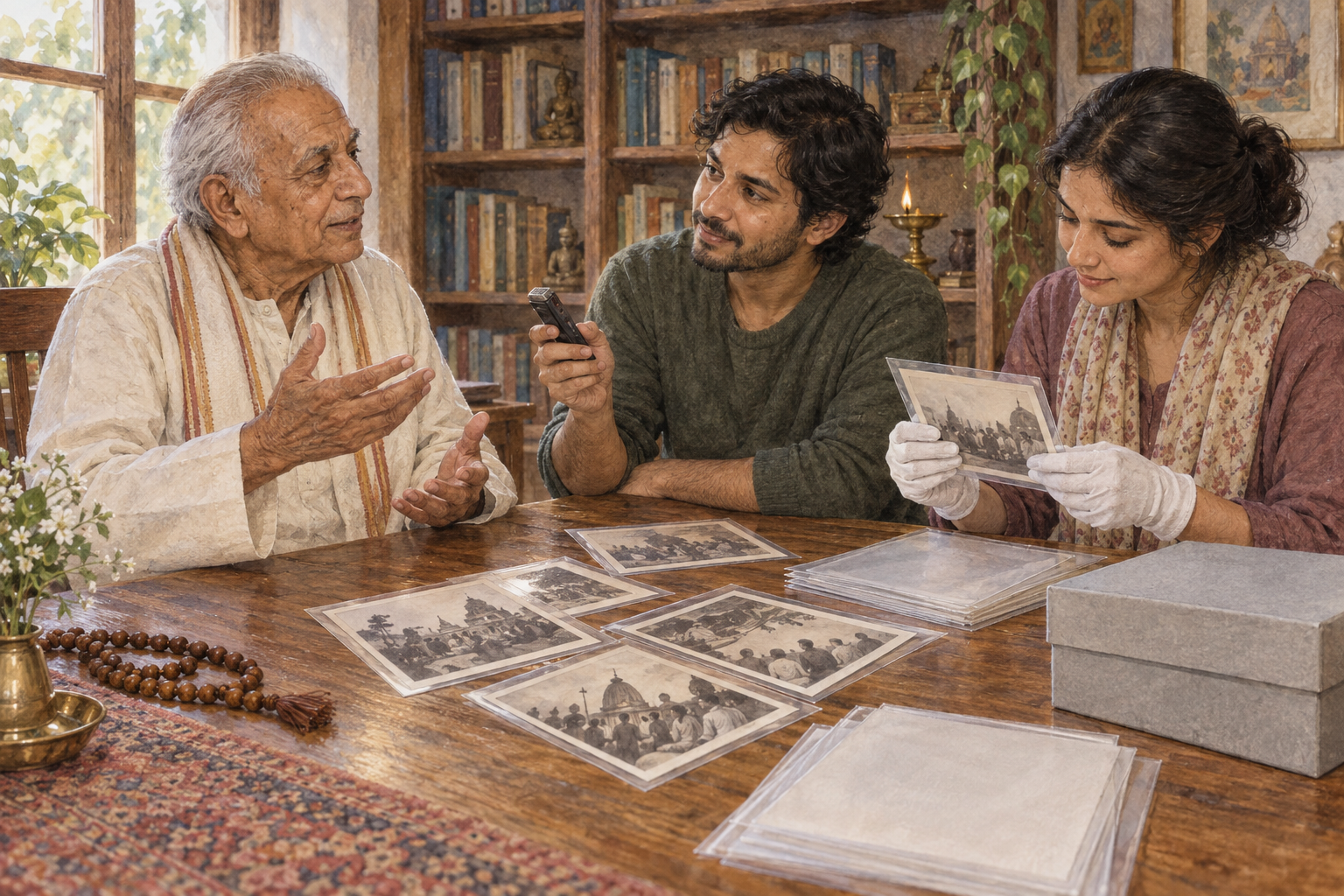 An older devotee shares memories while two younger people record the conversation and preserve uncaptioned archival photographs at a wooden table.
